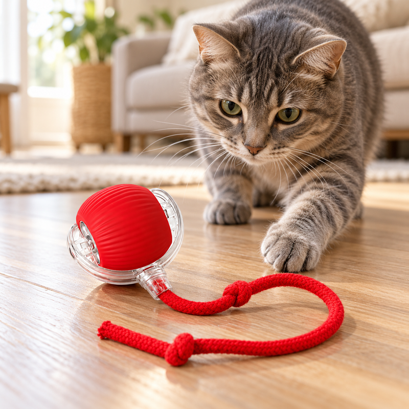 🐈 Balle Intelligente | Silicone | Maison | Amoureux des Chats | Cordon Rouge