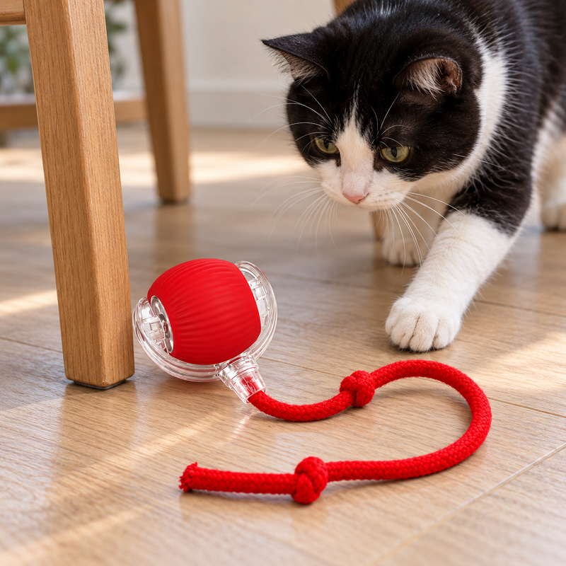 🐈 Balle Intelligente | Silicone | Maison | Amoureux des Chats | Cordon Rouge