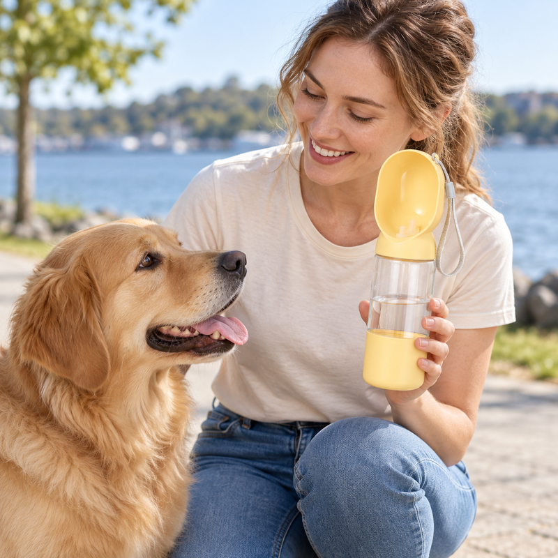 💦 Gourde pour Chien | Plastique | Balades | Maîtres | Jaune Pastel