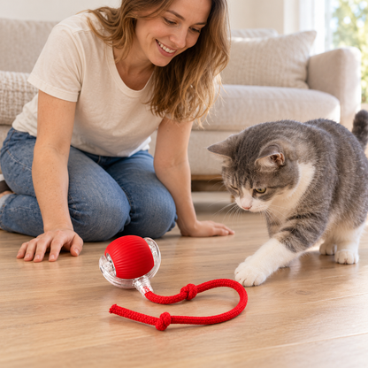 🐈 Balle Intelligente | Silicone | Maison | Amoureux des Chats | Cordon Rouge